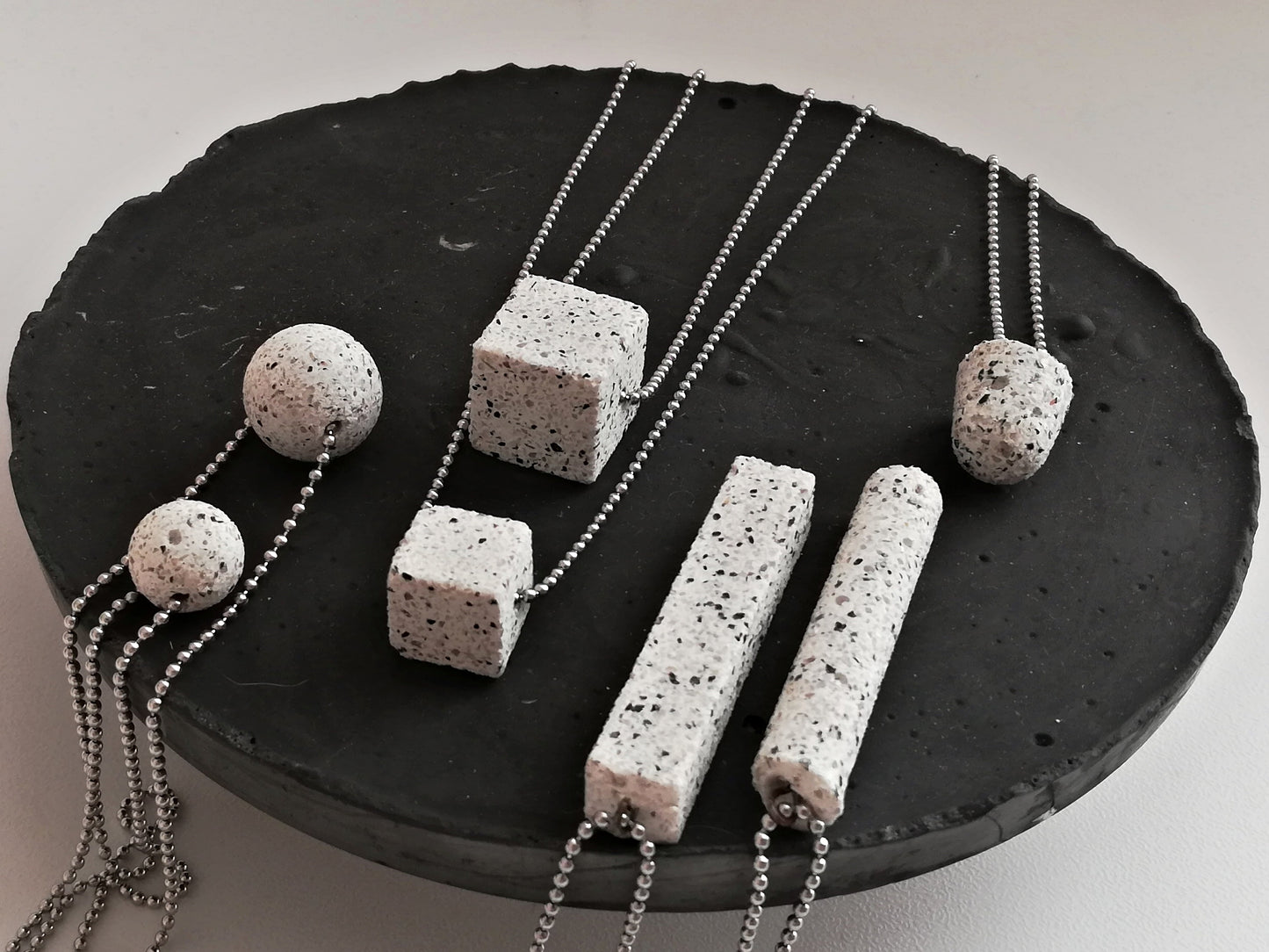 Jesmonite cube/sphere/round pendant on a ball chain //granite finish//
