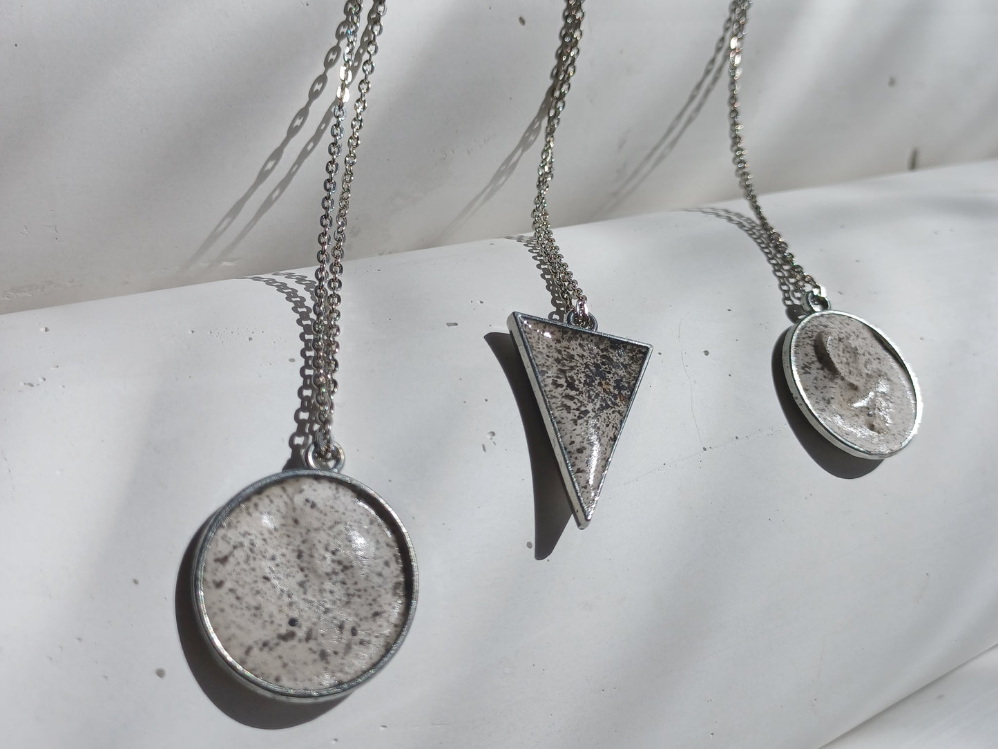 Ink freckled gypsum pendant // silver chain necklace