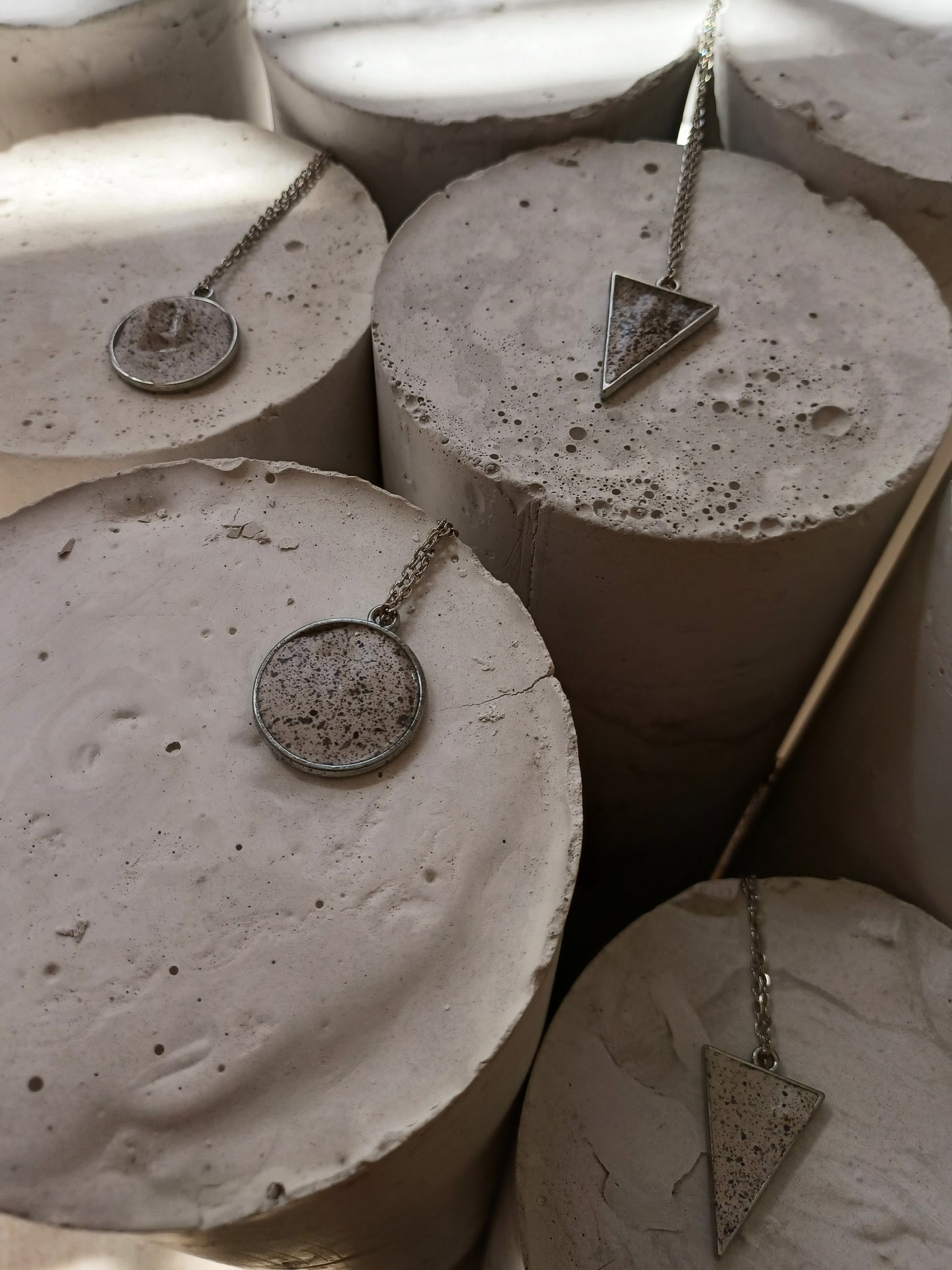 Brass pendant on a chain // gypsum freckled pendant