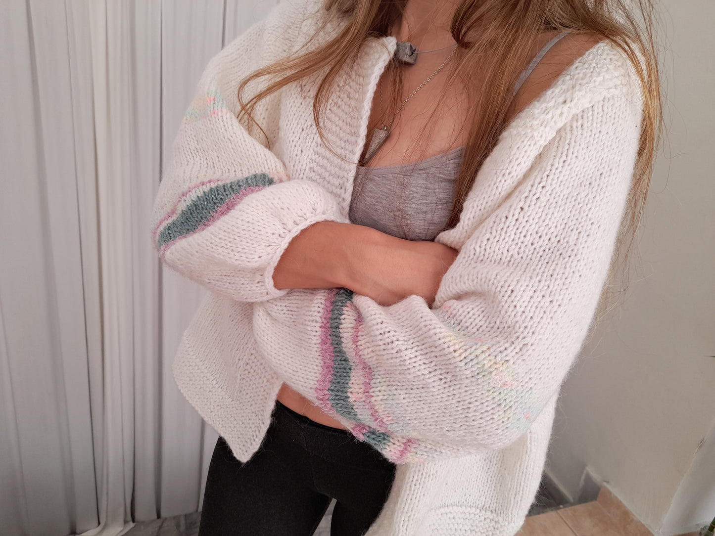 Thin yarn hand knit cardigan // white & touch of pastel color // 100% knit by mum // one of a kind // limited edition