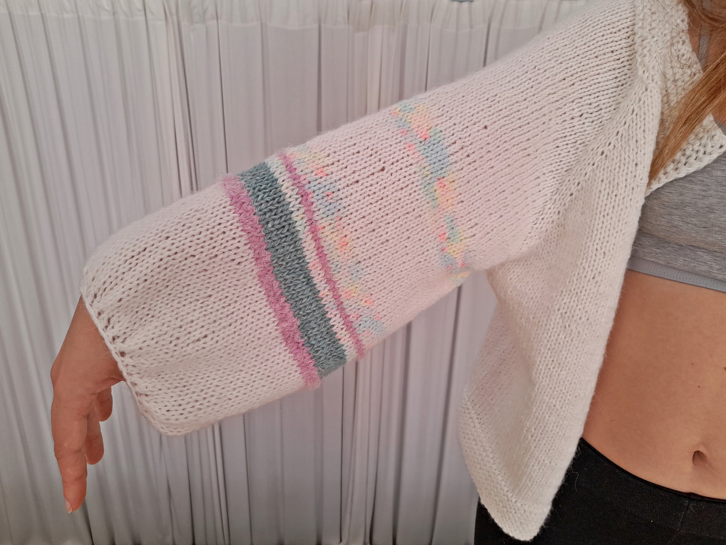 Thin yarn hand knit cardigan // white & touch of pastel color // 100% knit by mum // one of a kind // limited edition