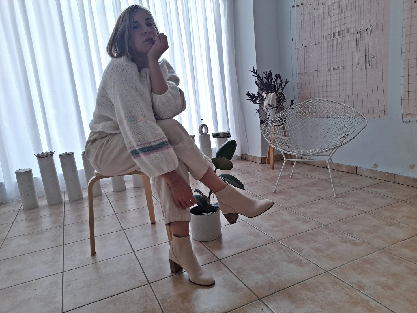 Thin yarn hand knit cardigan // white & touch of pastel color // 100% knit by mum // one of a kind // limited edition