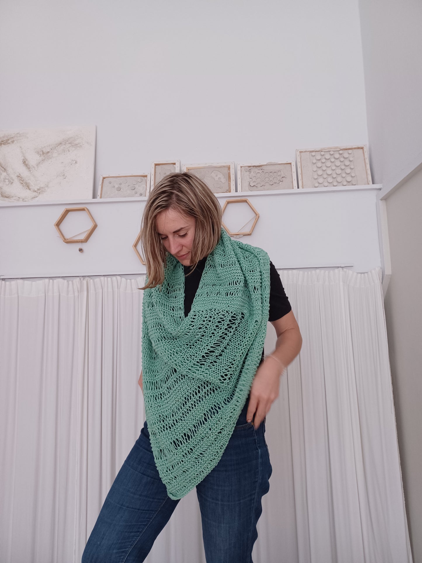 Cotton knit poncho // triangle wrap // loose scarf // knit by mum // LIMITED EDITION