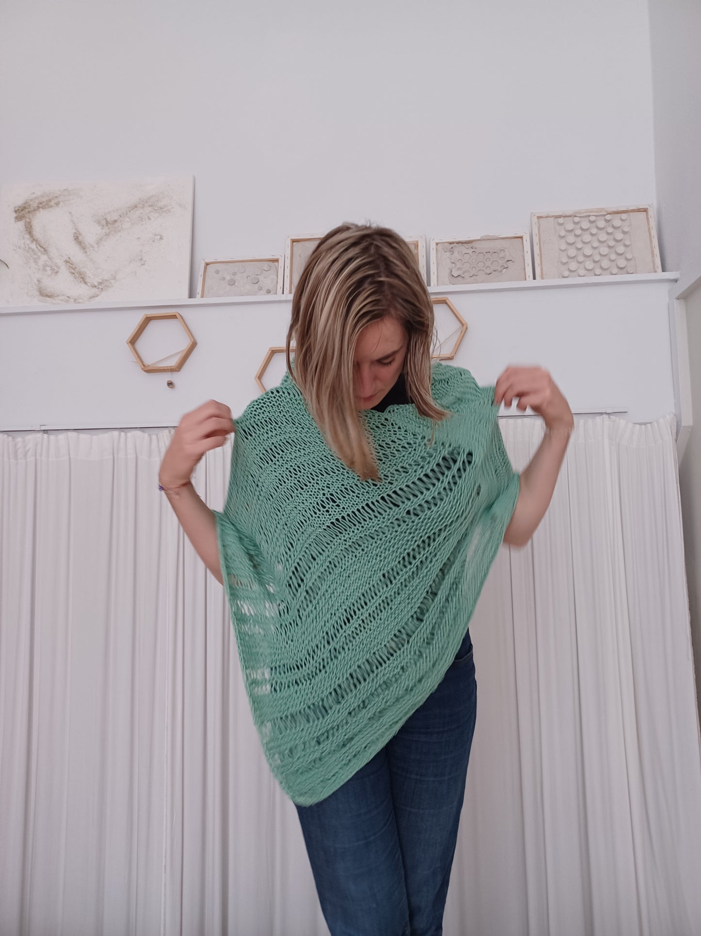 Cotton knit poncho // triangle wrap // loose scarf // knit by mum // LIMITED EDITION
