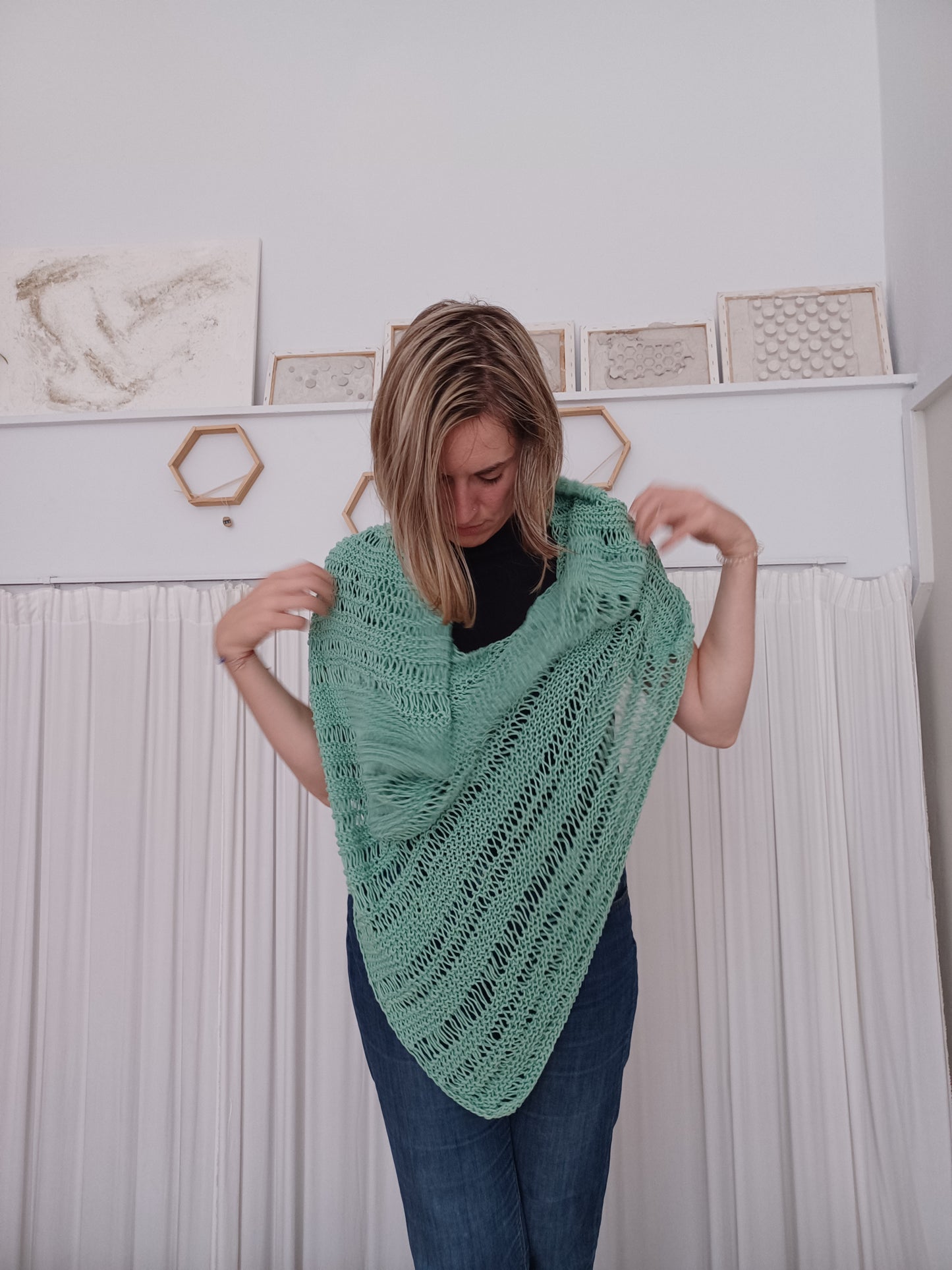 Cotton knit poncho // triangle wrap // loose scarf // knit by mum // LIMITED EDITION