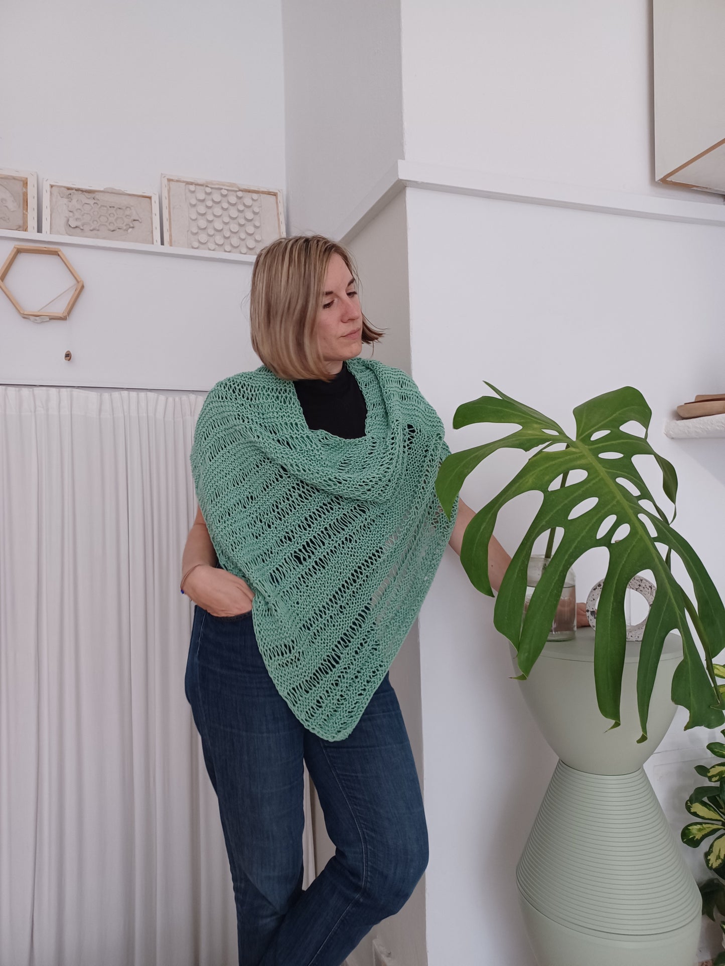 Cotton knit poncho // triangle wrap // loose scarf // knit by mum // LIMITED EDITION