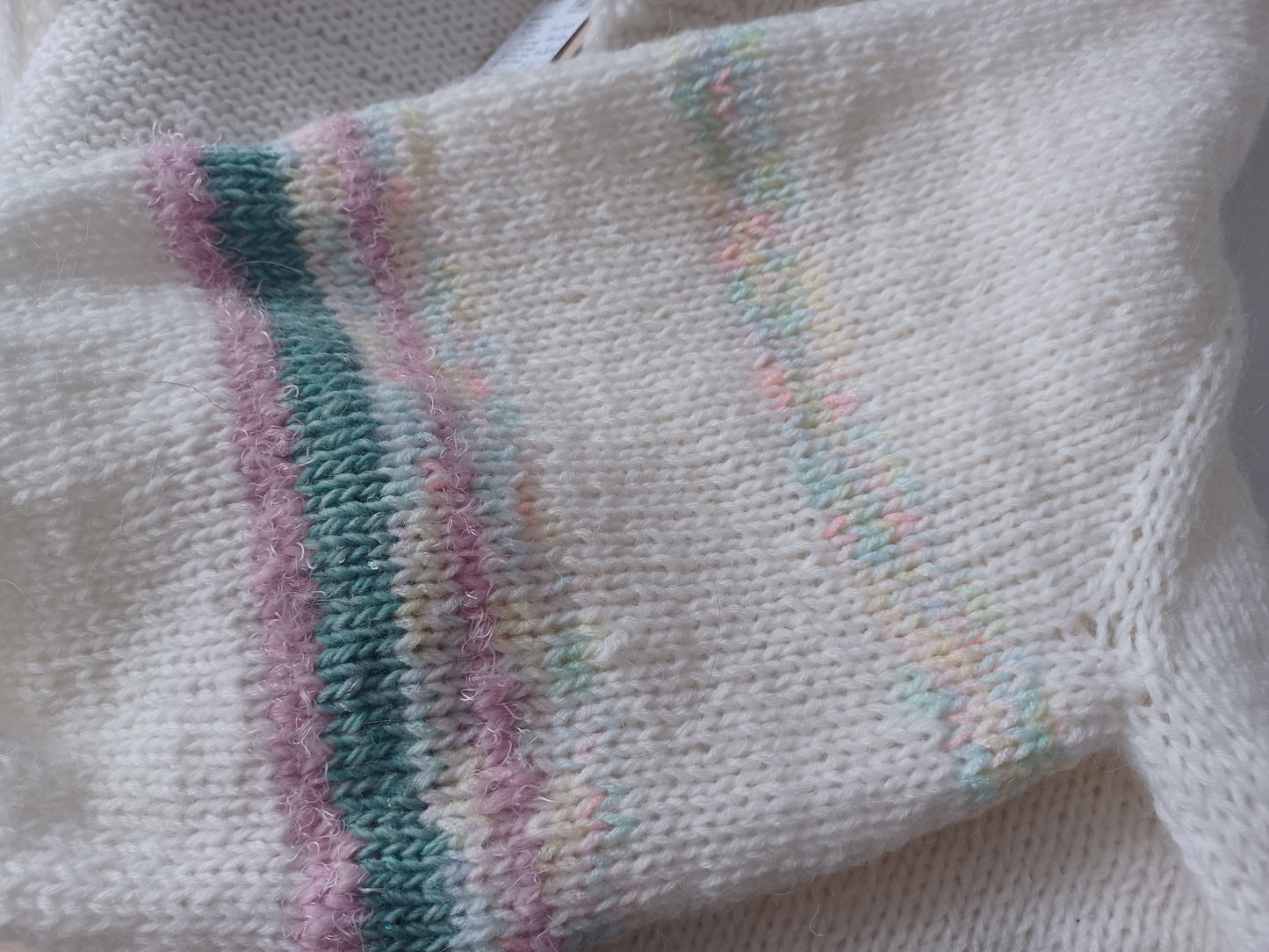Thin yarn hand knit cardigan // white & touch of pastel color // 100% knit by mum // one of a kind // limited edition
