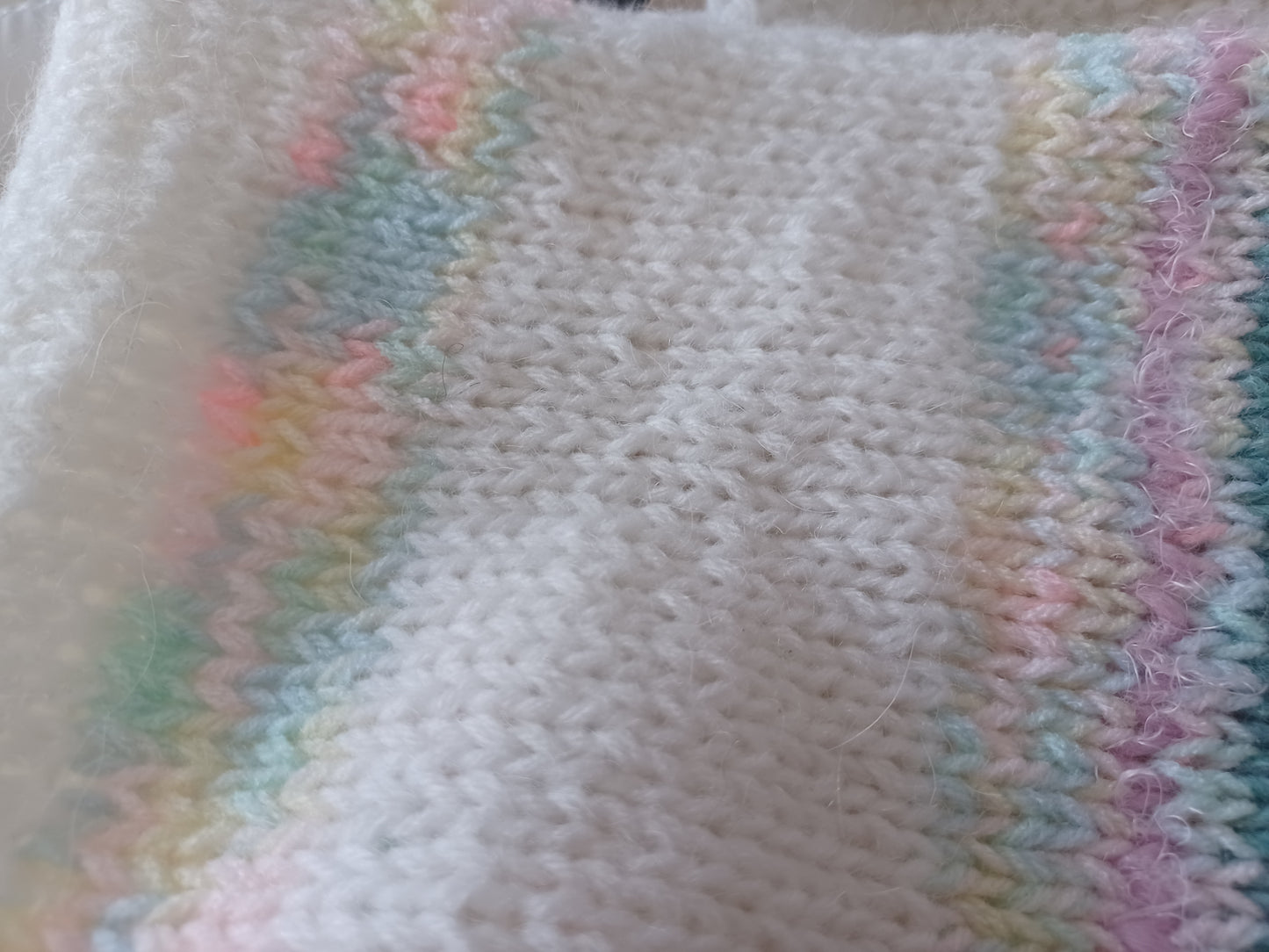 Thin yarn hand knit cardigan // white & touch of pastel color // 100% knit by mum // one of a kind // limited edition