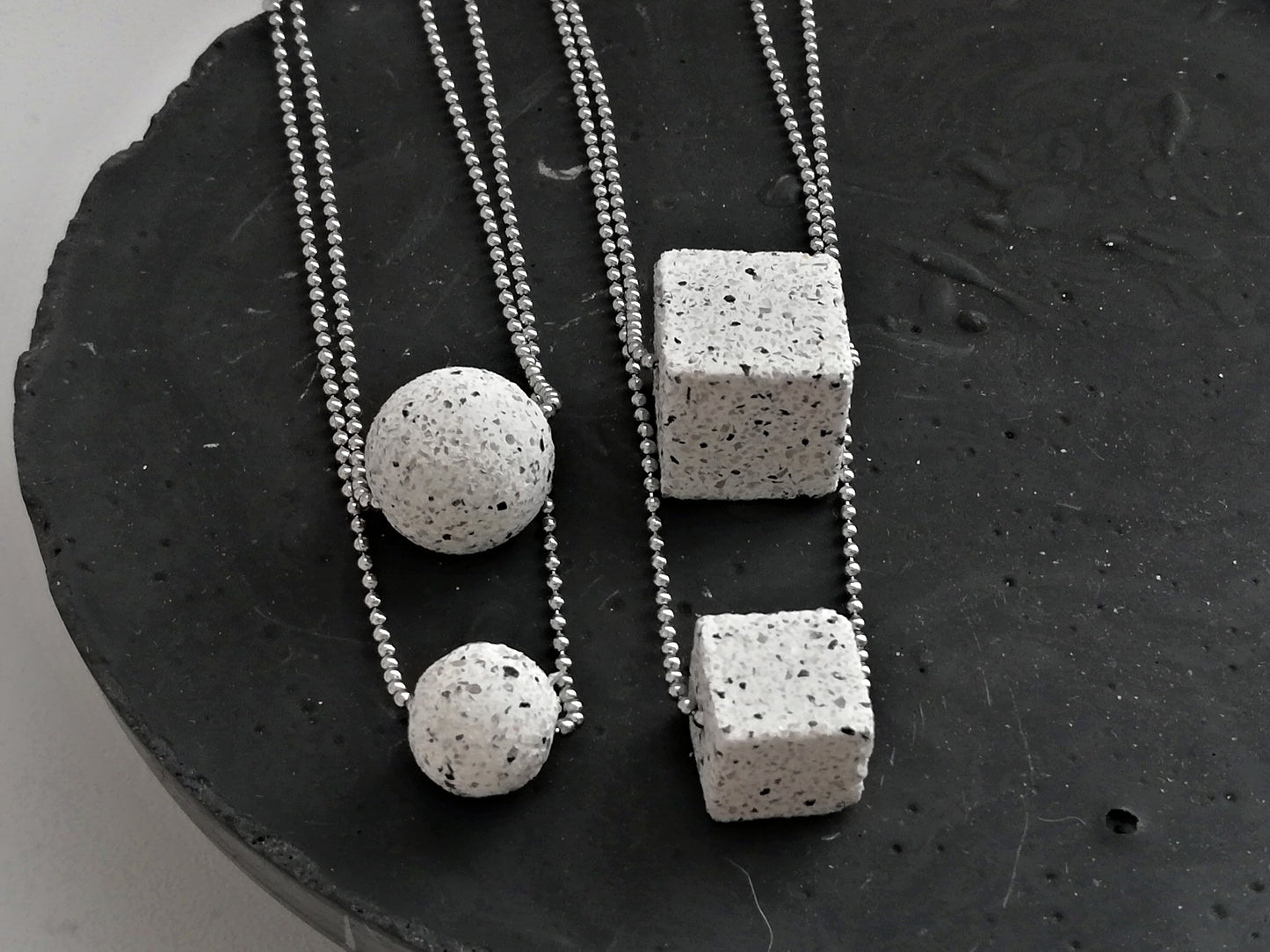 Jesmonite cube/sphere/round pendant on a ball chain //granite finish//