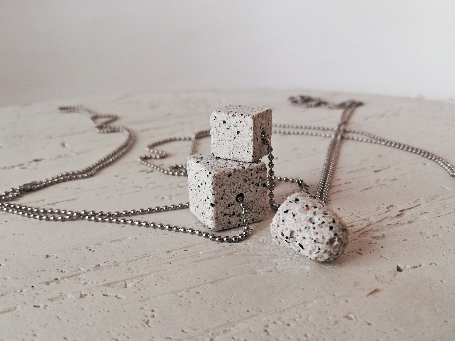 Jesmonite cube/sphere/round pendant on a ball chain //granite finish//