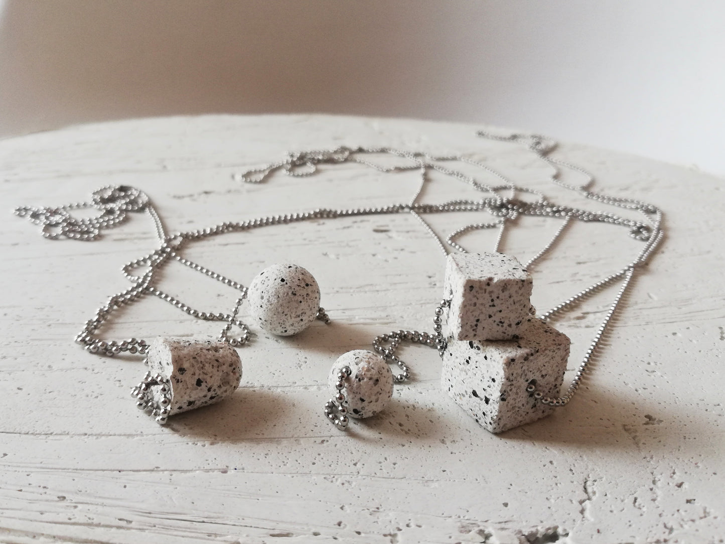 Jesmonite cube/sphere/round pendant on a ball chain //granite finish//