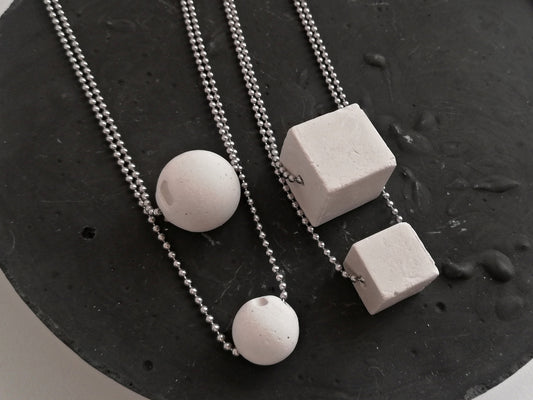 Concrete cube/sphere/round pendant on a ball chain //plaster gypsum//