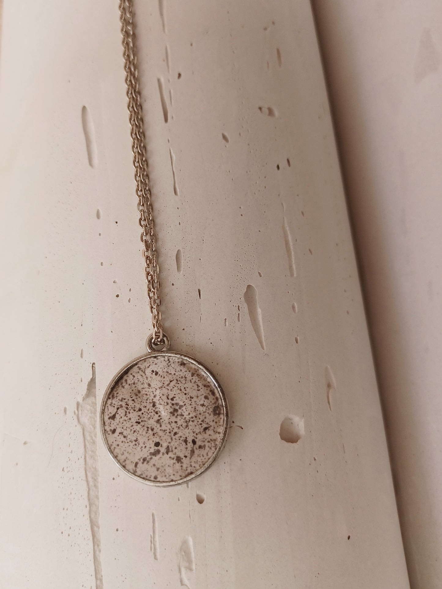 Ink freckled gypsum pendant // silver chain necklace
