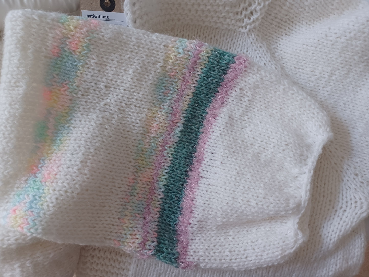Thin yarn hand knit cardigan // white & touch of pastel color // 100% knit by mum // one of a kind // limited edition