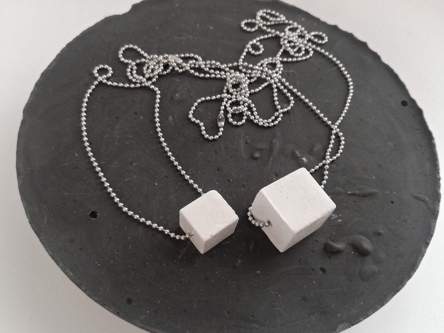 Concrete cube/sphere/round pendant on a ball chain //plaster gypsum//