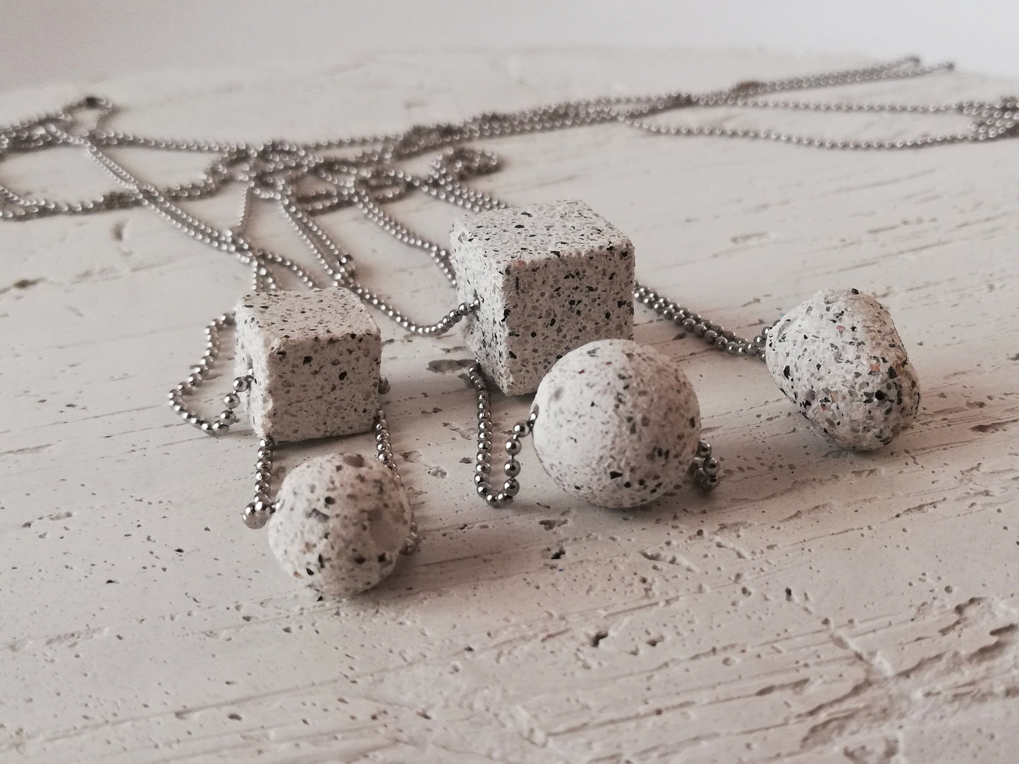 Jesmonite cube/sphere/round pendant on a ball chain //granite finish//