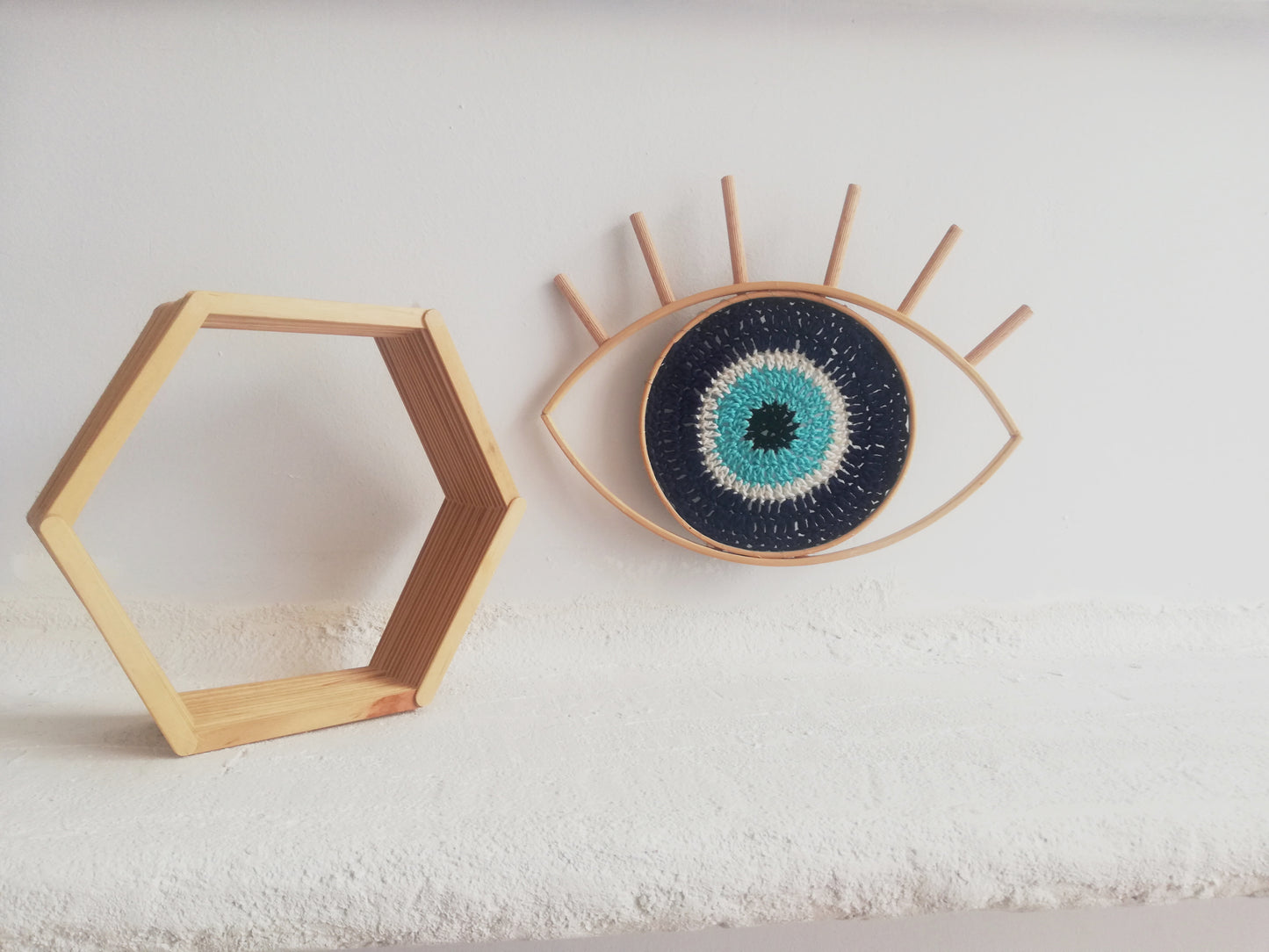 Evil eye wall hanging //handmade crochet and wood frame //LIMITED EDITION//